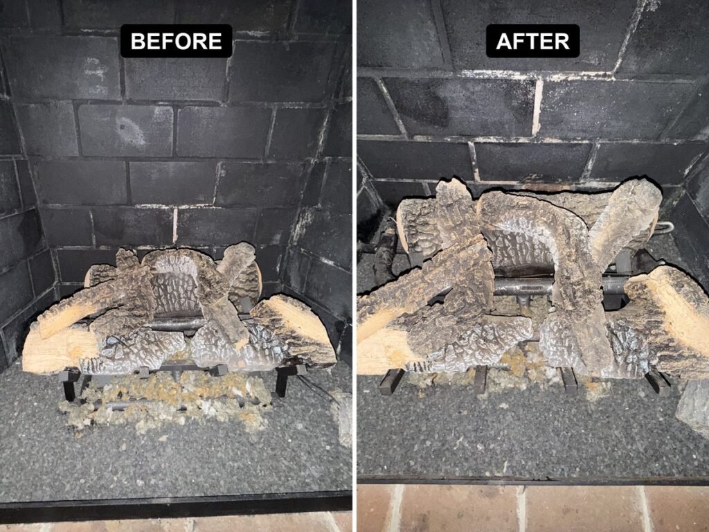 Before and after photos of the same gas log set: debris on the ember bed before cleaning and a clean bed after, on an ABD gas fireplace cleaning